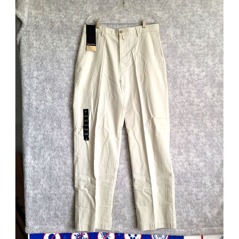Nautica Cipper Pants 34X32 White Classic Fit Straight Stretch Cotton Chino Deck